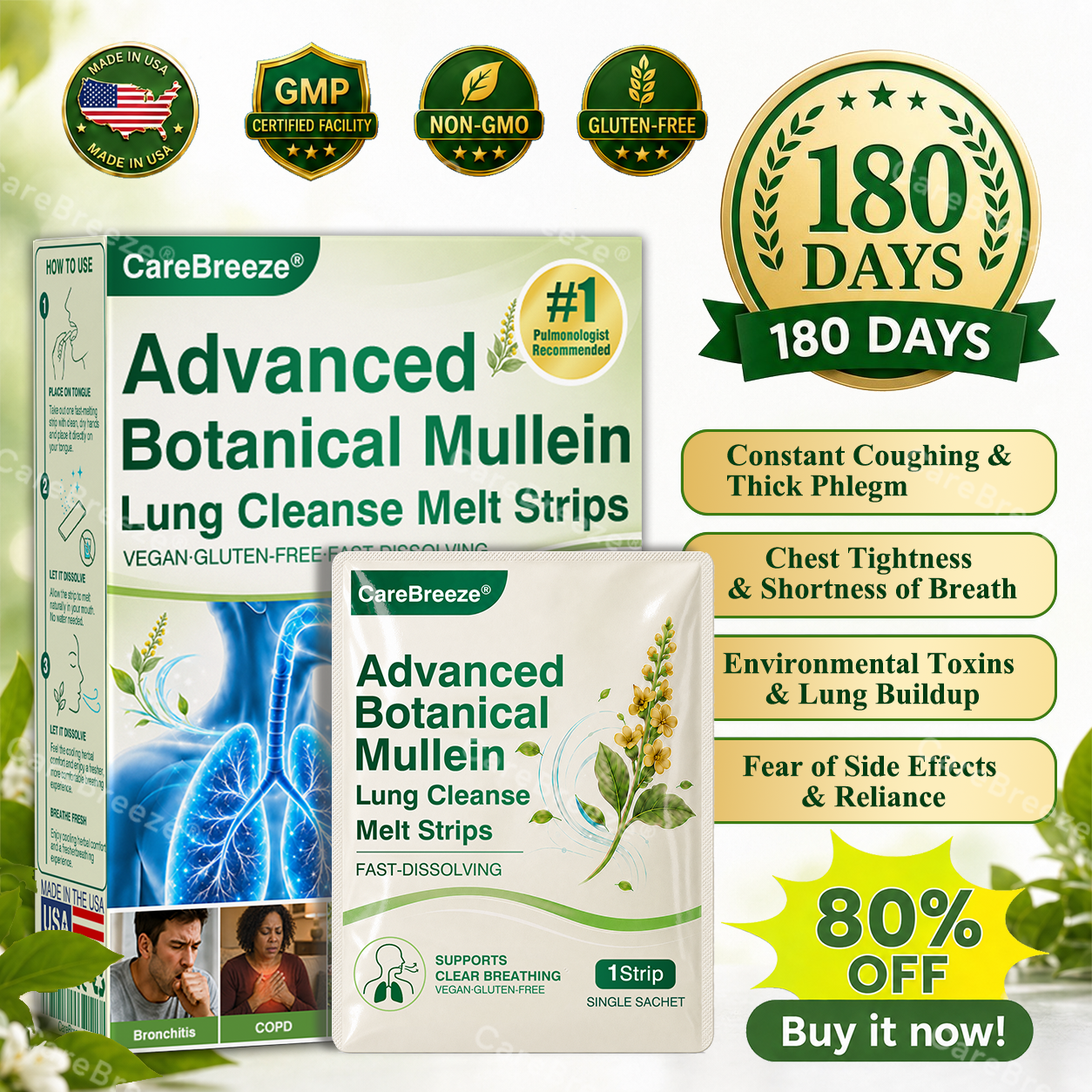 🇺🇸 ✅CareBreeze® Advanced Botanical Mullein Lung Cleanse Melt Strips（👨‍⚕️Directly acts on COPD, asthma, chronic bronchitis (CB), respiratory infections, lung cancer, sinusitis, and other conditions）