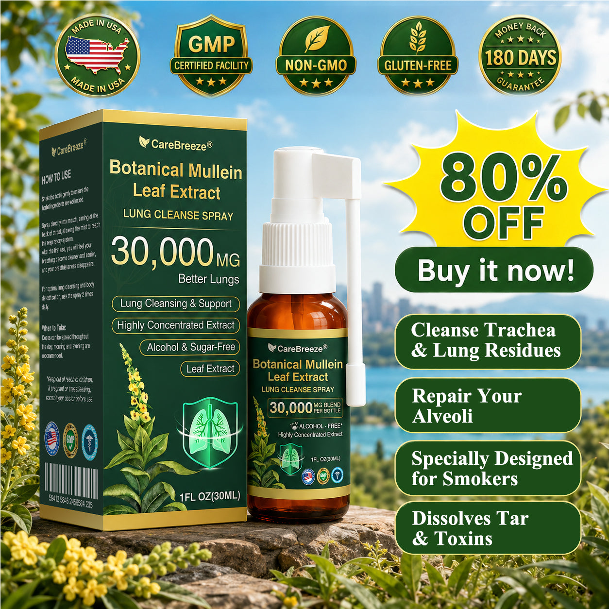 🫁🇺🇸 CareBreeze® Botanical Mullein Leaf Extract Lung Cleanse Spray（👨‍⚕️Directly acts on COPD, asthma, chronic bronchitis (CB), respiratory infections, lung cancer, sinusitis, and other conditions）